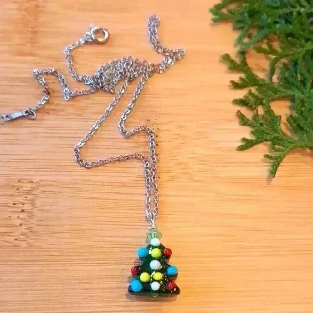 Christmas Tree  Pendant Necklace Silver Green Yellow Blue